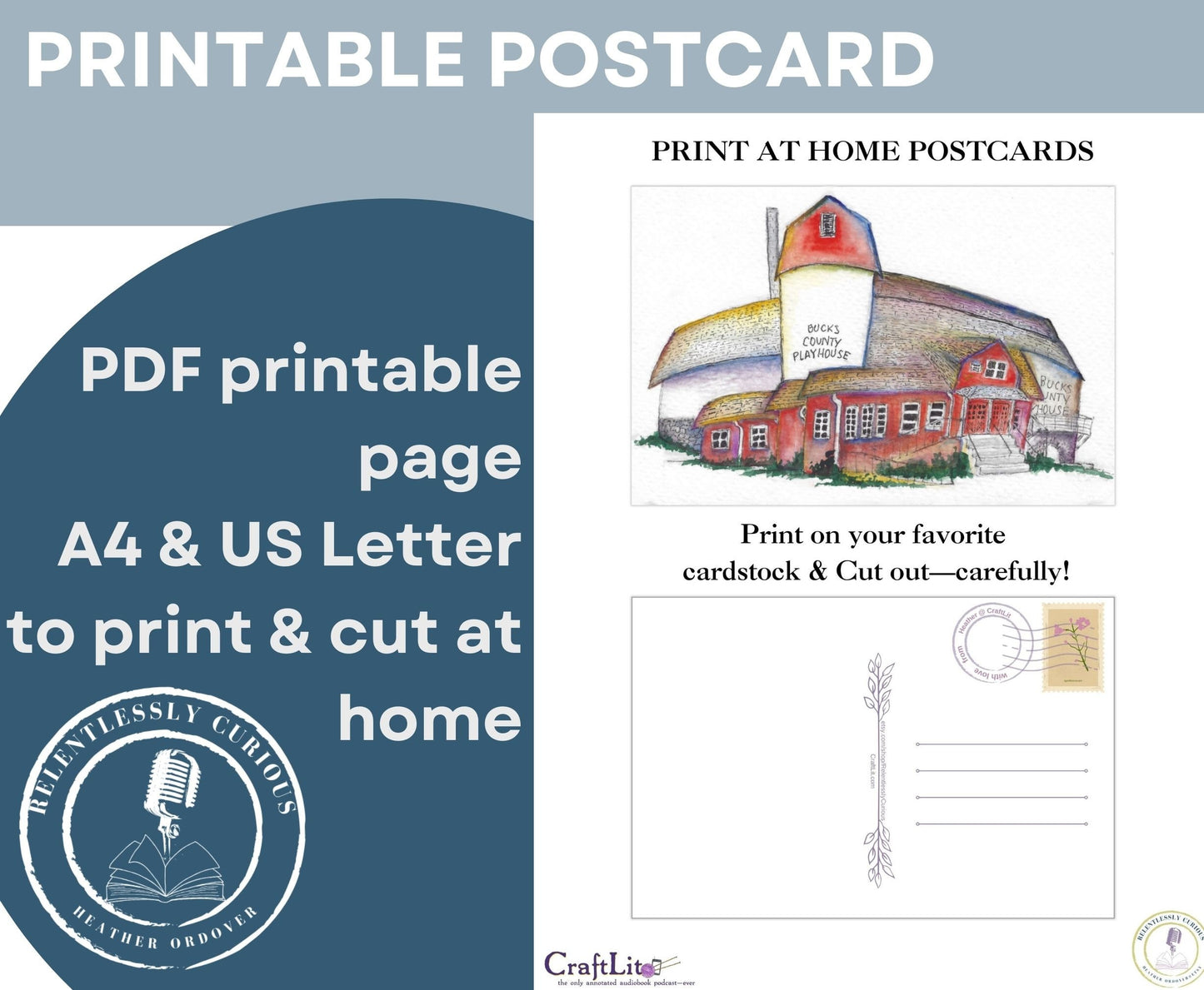 6x4" JPG Digital Printable Dreamy Watercolor postcard & PDF • Buck's County Playhouse hand painted by Heather