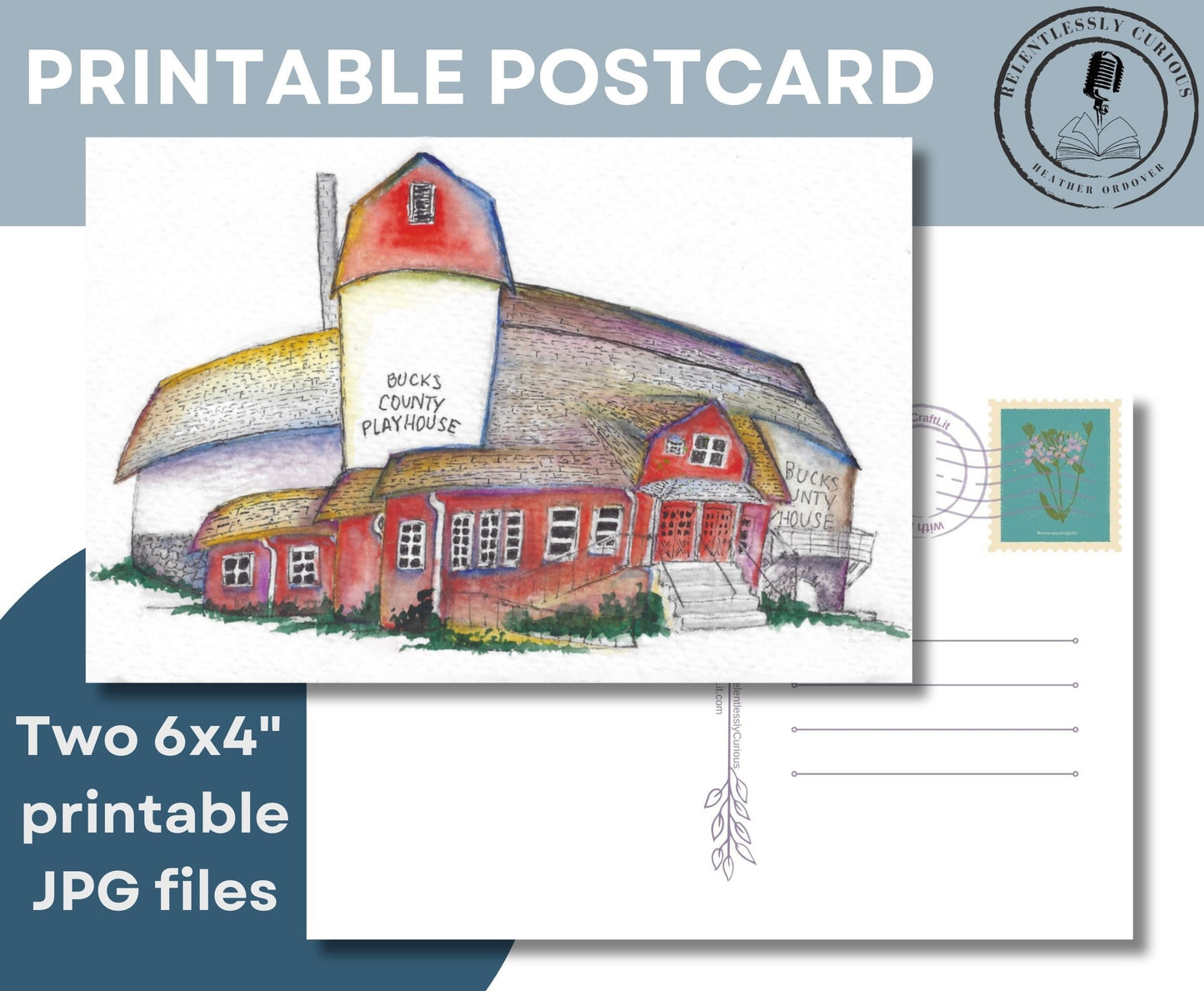 6x4" JPG Digital Printable Dreamy Watercolor postcard & PDF • Buck's County Playhouse hand painted by Heather