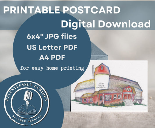 6x4" JPG Digital Printable Dreamy Watercolor postcard & PDF • Buck's County Playhouse hand painted by Heather